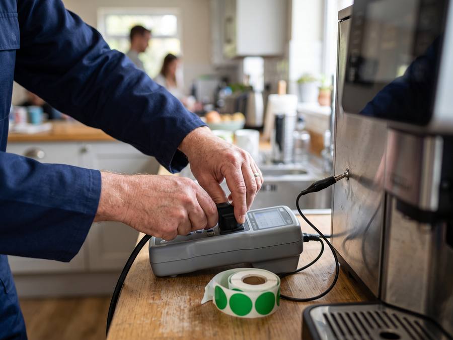 DGUV V3 Prüfung einer Kaffeemaschine mit dem Gerätetester in einer Büroküche