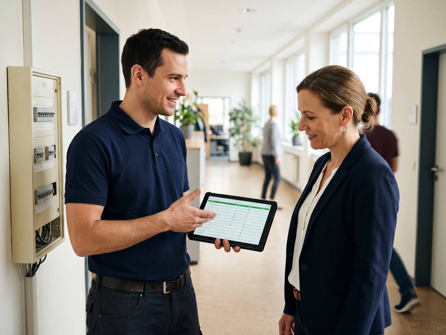 Prüftechniker zeigt einer Facility-Managerin das Prüfprotokoll auf dem Tablet