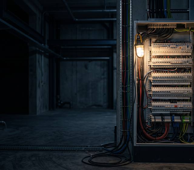 Beleuchteter Verteilerschrank in einem Technikraum bei Nacht