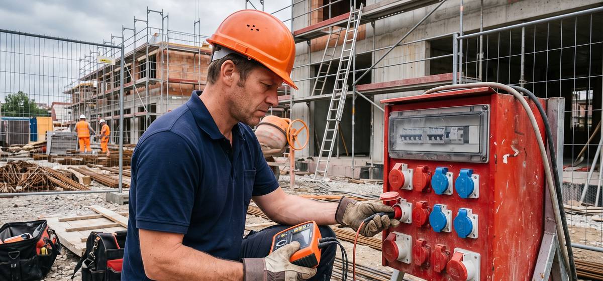 Prüftechniker prüft einen Baustromverteiler auf einer Baustelle