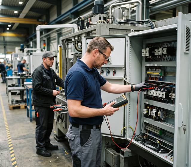 Prüftechniker am Schaltschrank einer Industriemaschine