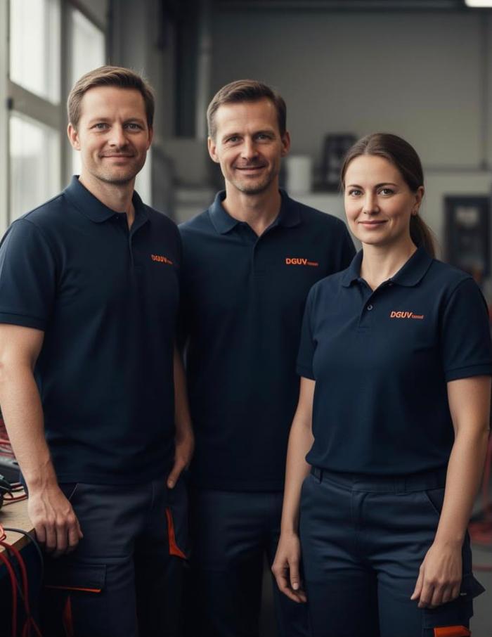 Drei Prüftechniker der Tribune GmbH in Arbeitskleidung in der Werkstatt